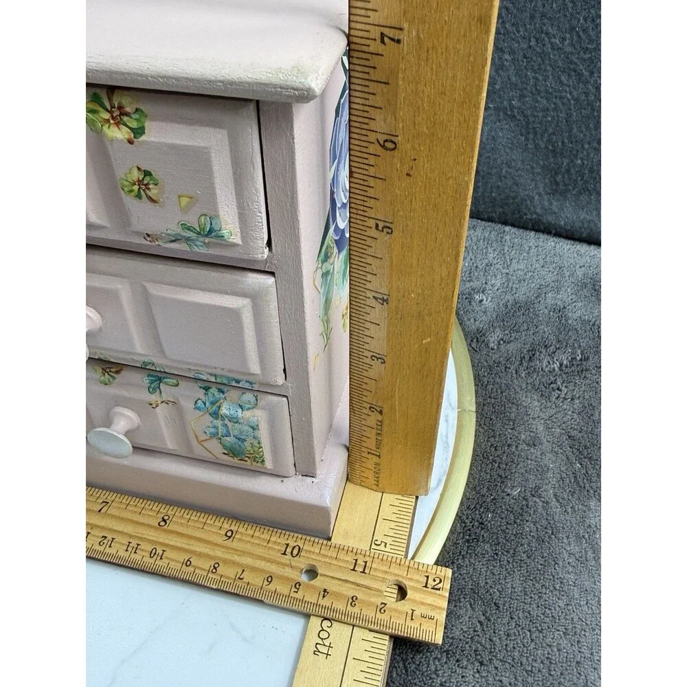 Vintage Wood Jewelry Box Hand Painted Decoupage Floral 4 Drawer Chest Organizer